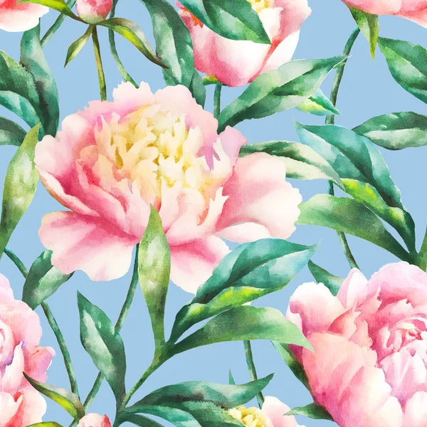 Watercolor hand paint pink peonies and leaves,seamless pattern. — Stock Photo, Image