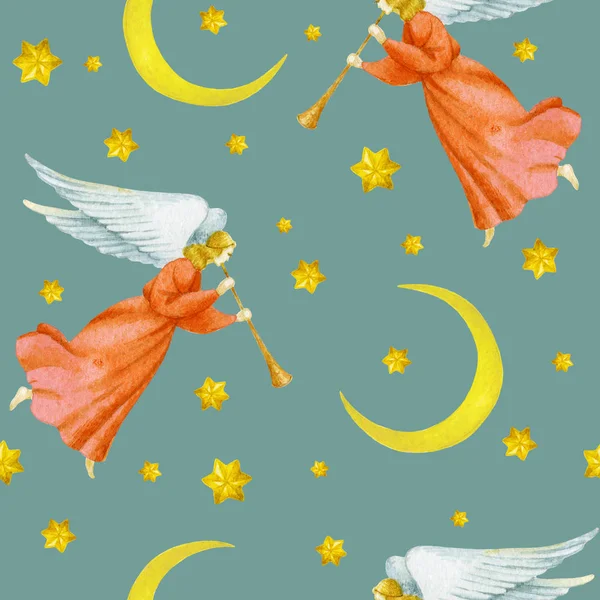 Aquarell fliegende Engel mit Sternen und Mond, nahtloses Muster — Stockfoto