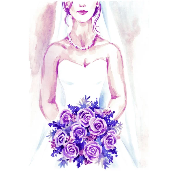 Mariée avec bouquet, peinture à la main aquarelle illustration — Photo