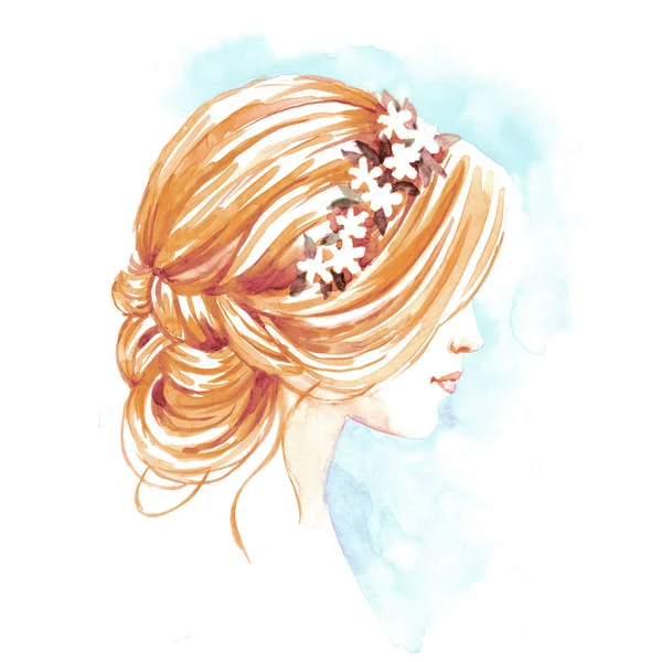 Mädchen mit Blumenkranz im Profil, handbemalte Aquarell-Illustration — Stockfoto