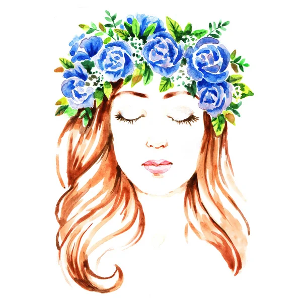 Girl in floral wreath, hand paint watercolor illustration — ストック写真