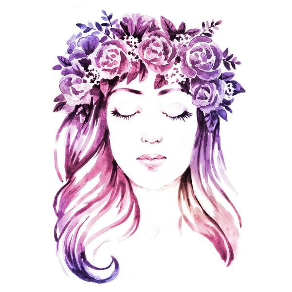 Dziewczyna w kwiatowym wieńcu, ręcznie farba akwarela ilustracja — Zdjęcie stockowe