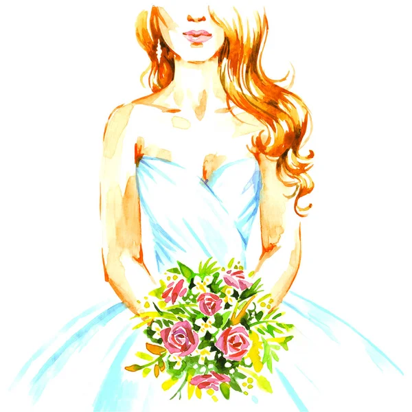 Menyasszony csokorral esküvői ruhában, kézzel festék akvarell illus — Stock Fotó
