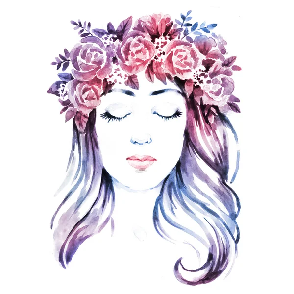 Menina em coroa floral, mão pintura aquarela ilustração — Fotografia de Stock