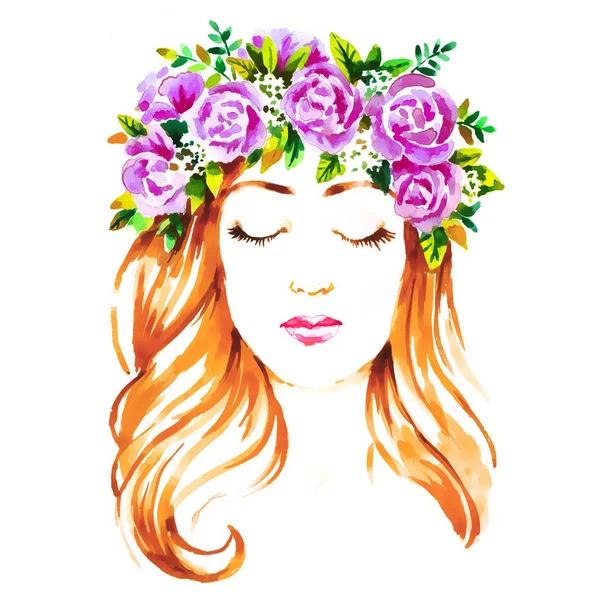 Girl in floral wreath, hand paint watercolor illustration