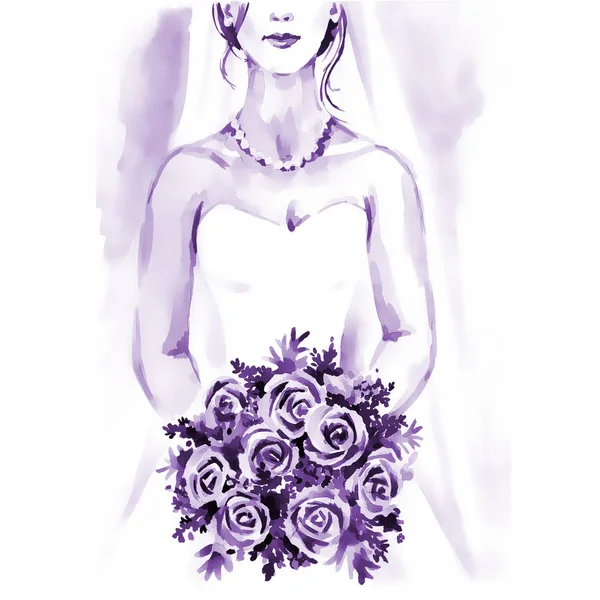 Sposa con bouquet, pittura a mano acquerello illustrazione — Foto Stock