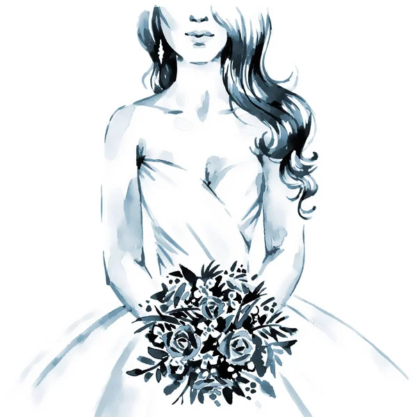 Bride with bouquet in wedding dress, hand paint watercolor illus — ストック写真