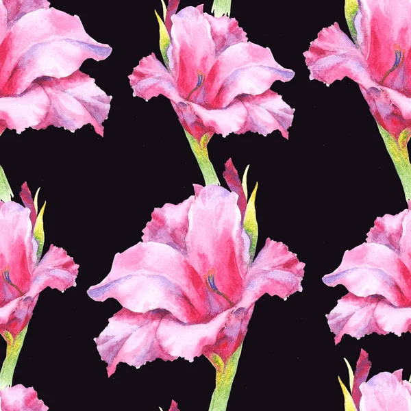 Aquarell rosa Gladiolenknospe, nahtloses Muster. — Stockfoto