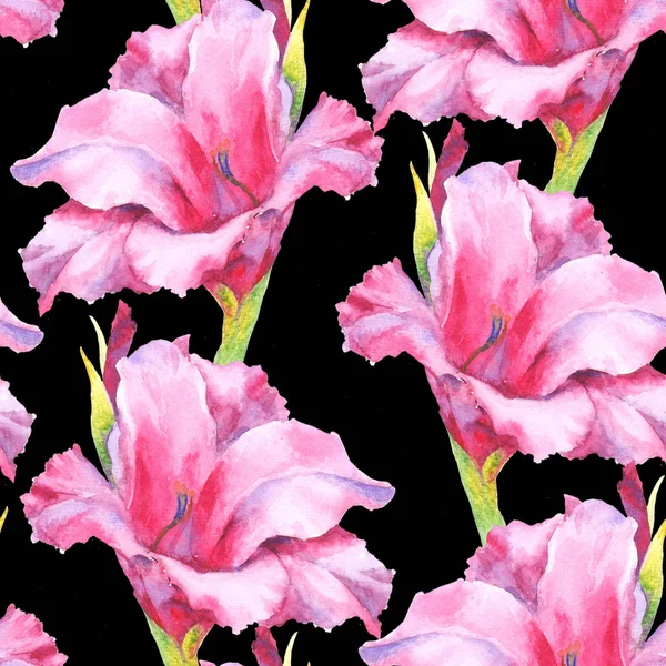 Aquarell rosa Gladiolenknospe, nahtloses Muster. — Stockfoto