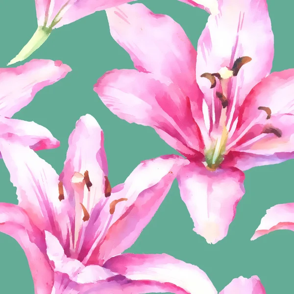 Akvarell handfärg rosa lilja, sömlös mönster. — Stockfoto