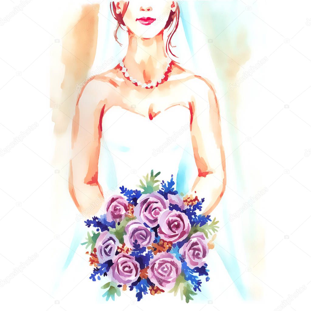Bride with bouquet, hand paint watercolor illustration