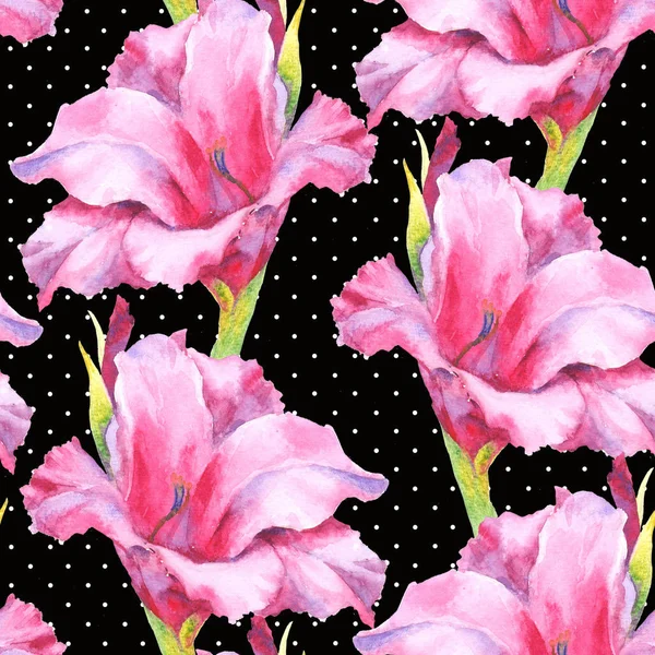Aquarell Handbemalung rosa Knospe von Gladiolen, Lilie nahtlose Patte — Stockfoto