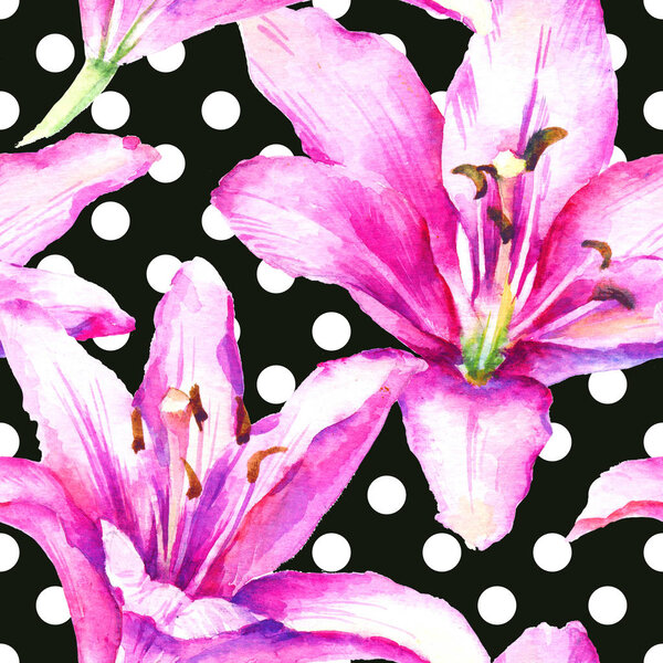 Акварель ручная краска розовая лилия, бесшовный узор.