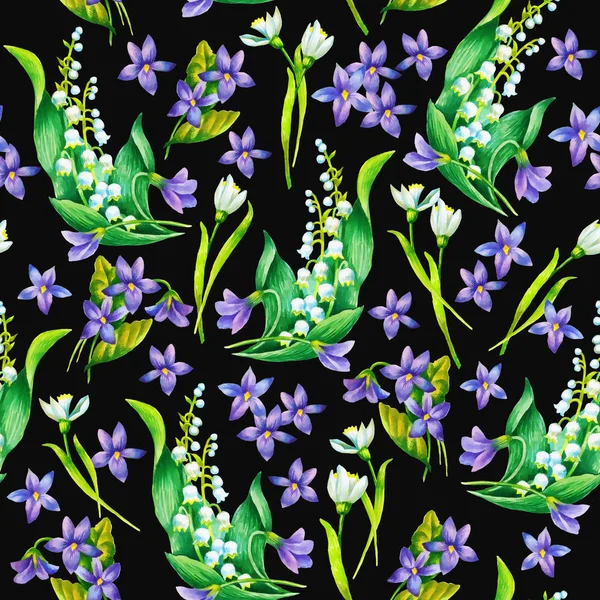 Spring flowers: snowdrop, may-lilly, viola  seamless pattern, ha — 스톡 사진