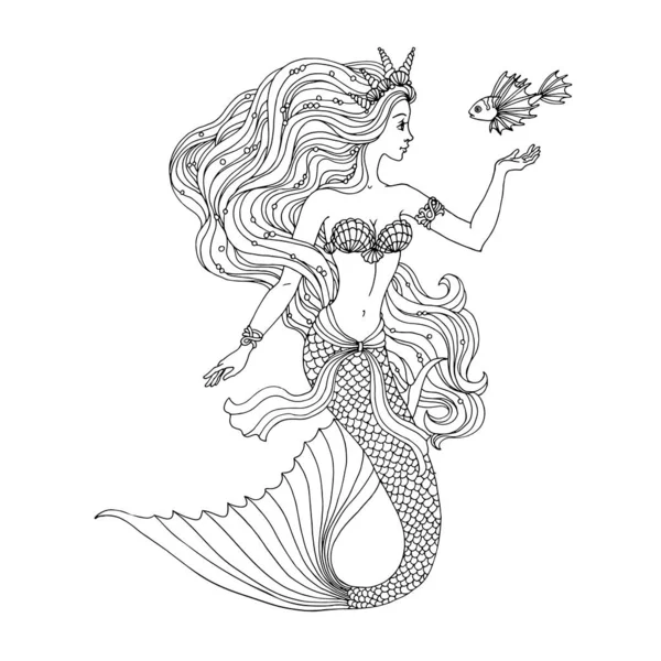 Sirena submarina, ilustración vectorial dibujada a mano sobre una espalda blanca — Archivo Imágenes Vectoriales