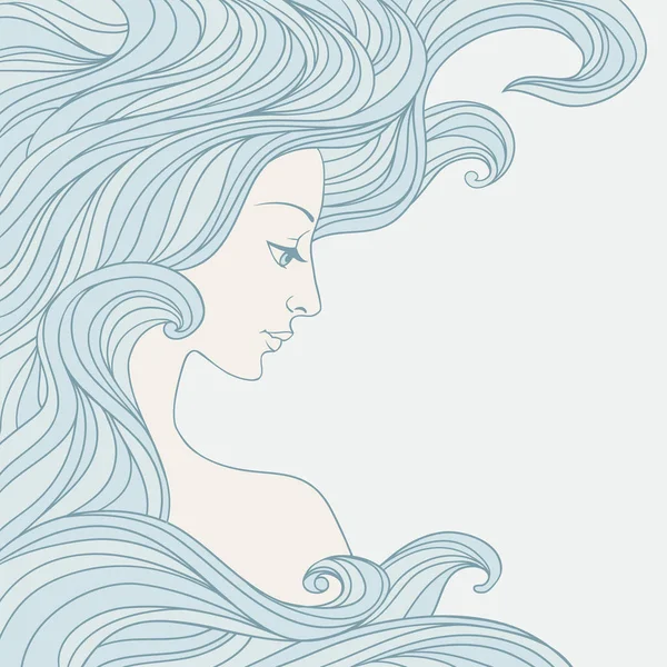 Mädchen im Profil mit langen welligen Haaren. — Stockvektor