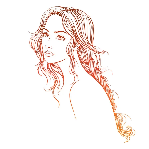 Ručně Kreslené Mladé Krásné Ženy Dlouhými Vlasy Vektorový Obrys Ilustrace — Stockový vektor