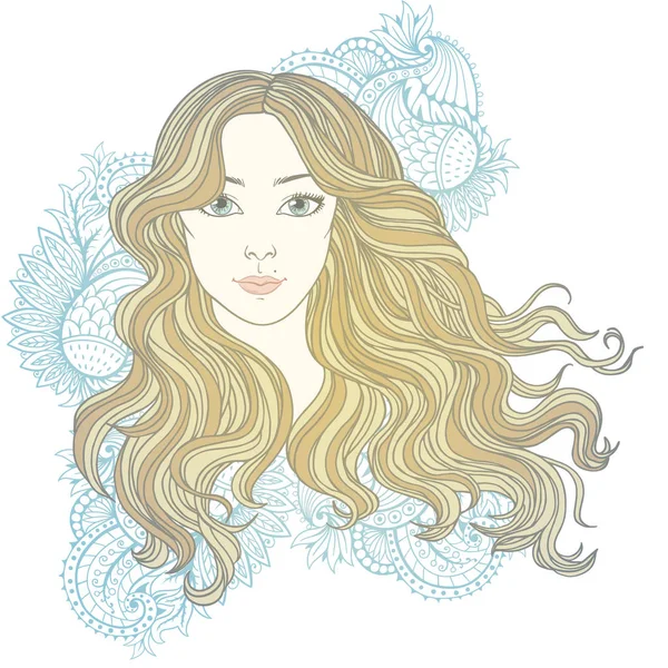 Девушка с длинными волосами на цветочном фоне, векторное заболевание — стоковый вектор