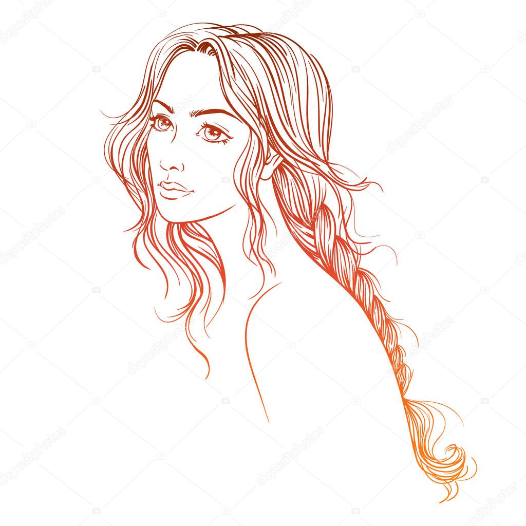 Hand drawn young beautiful women with long tress, vector outline  illustration