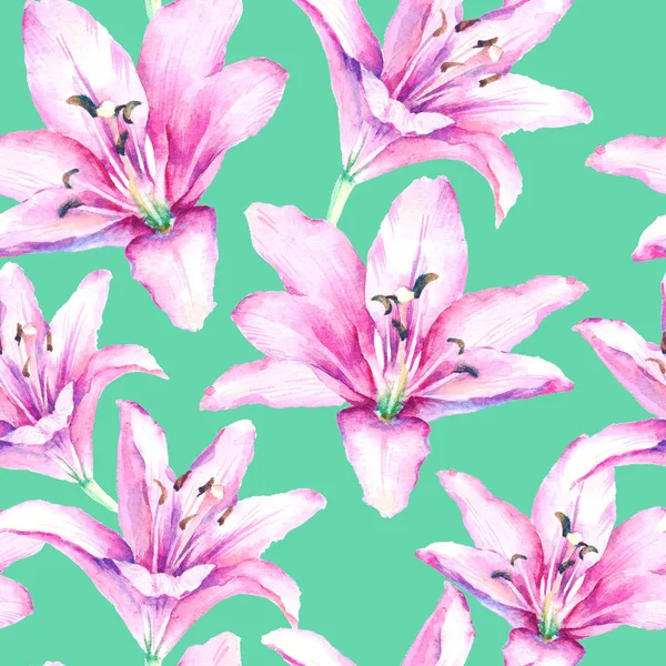 Aquarell Handbemalung rosa Lilie, nahtloses Muster. — Stockfoto