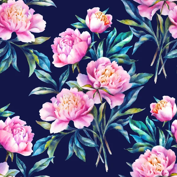 Watercolor hand paint pink peonies and leaves,seamless pattern. — Stock Photo, Image