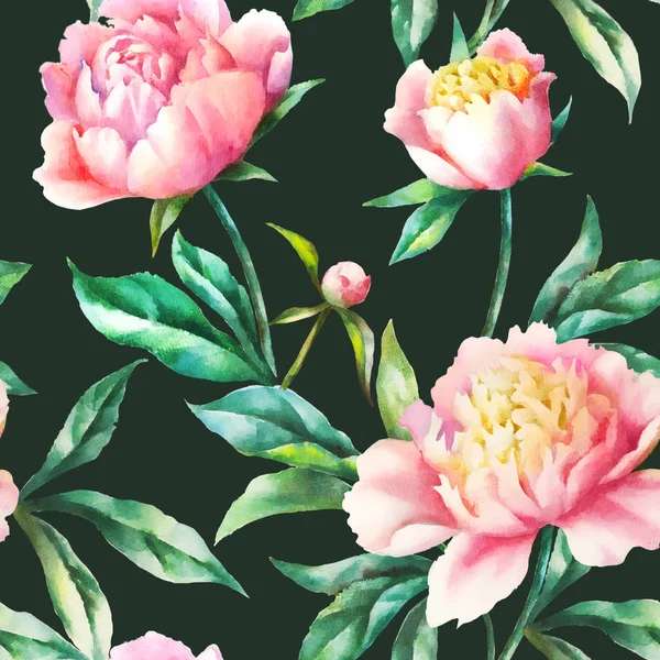 Watercolor hand paint pink peonies and leaves,seamless pattern. — Stock Photo, Image