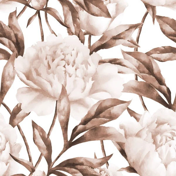 Aquarel handverf roze pioenrozen en bladeren, naadloos patroon. — Stockfoto