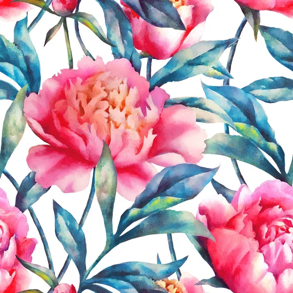 Watercolor hand paint pink peonies and leaves,seamless pattern. — Stock Photo, Image