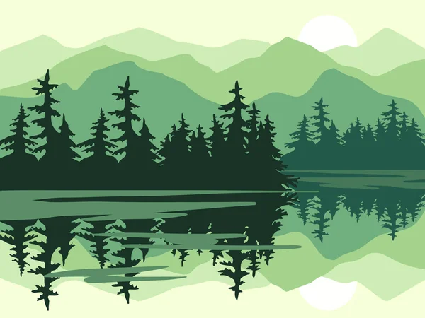 Fond vectoriel nature, paysage avec montagnes et pins — Image vectorielle