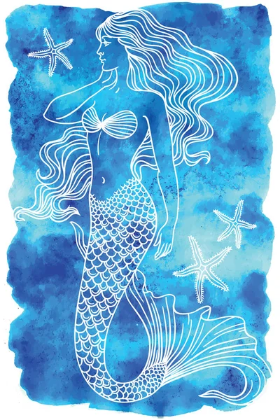 Mermaid outline vector illustration on watercolor background. — 스톡 벡터