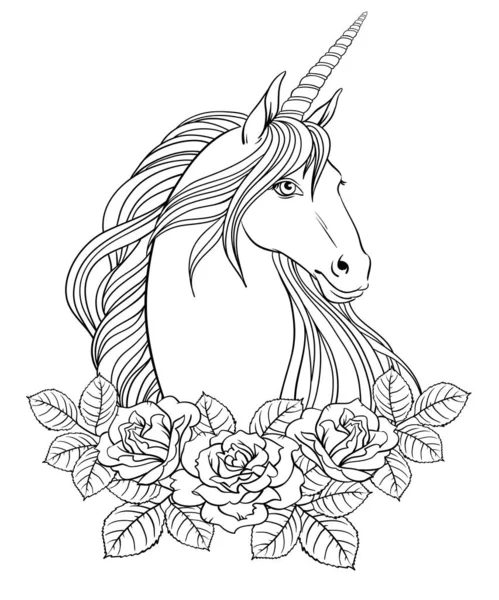 Unicornio y rosas, ilustración de lino vectorial dibujado a mano — Vector de stock