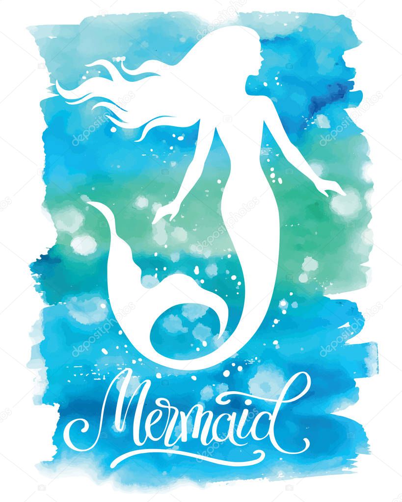 Mermaid, hand drawn vector silhouette illustration on watercolor background.