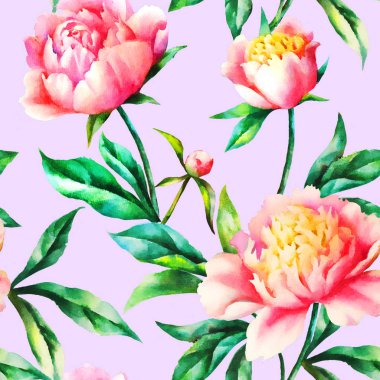 Suluboya el boyası pembe şakayık ve yapraklar, pürüzsüz desen.