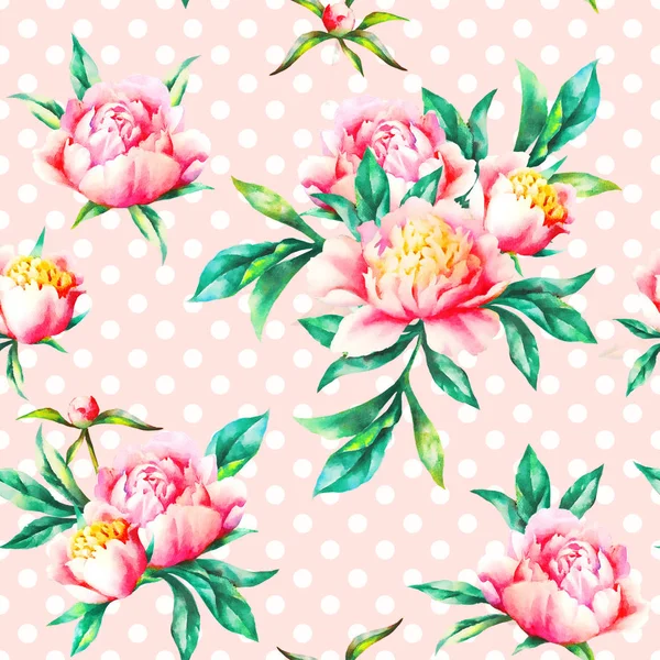 Aquarel handverf roze pioenrozen en bladeren, naadloos patroon. — Stockfoto