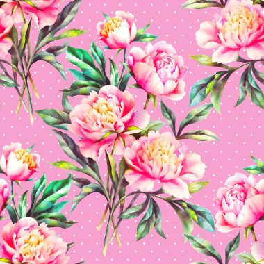 Suluboya el boyası pembe şakayık ve yapraklar, klasik dikişsiz 
