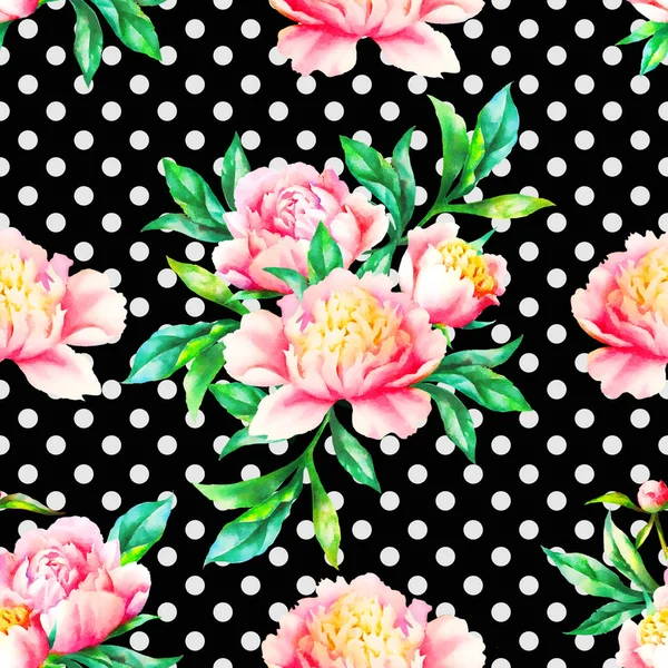 Aquarela mão pintar peônias rosa e folhas, padrão sem costura . — Fotografia de Stock
