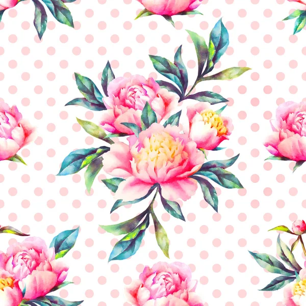 Peonies Watercolor Polka Dot Hand Painted Seamless Pattern Template Textile — 스톡 사진