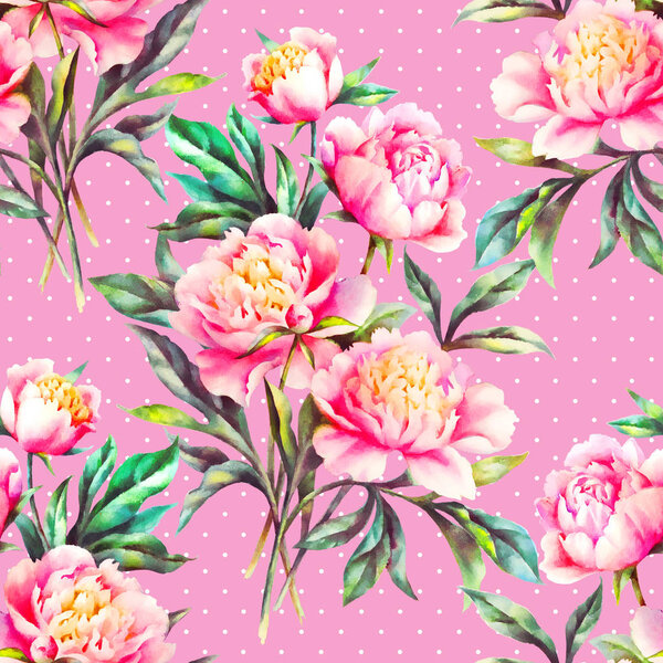 Акварель ручной краски розовые пионы и листья, винтажные бесшовные
 