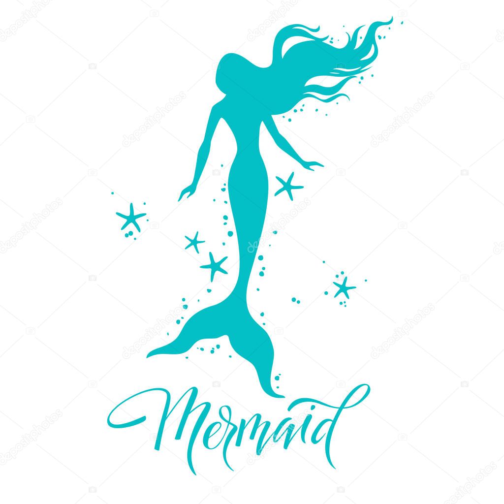 Mermaid  silhouette, hand drawn vector  illustration isolated on white, logo, t-shirt design.