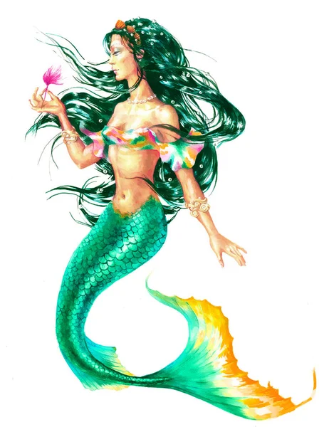 Watercolor hand paint mermaid holding a flower, on white backgro — 스톡 사진