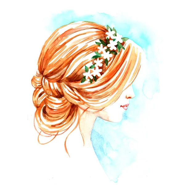 Girl in floral wreath in profile, hand paint watercolor illustra — Stock fotografie