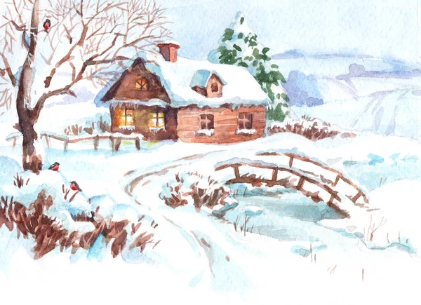 Zimowy krajobraz wsi, ręcznie farba akwarela ilustracja dla — Zdjęcie stockowe