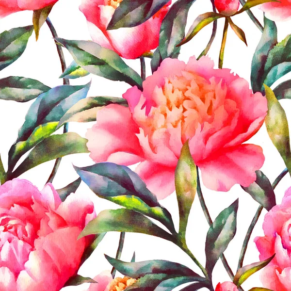 Watercolor hand paint pink peonies and leaves,seamless pattern.