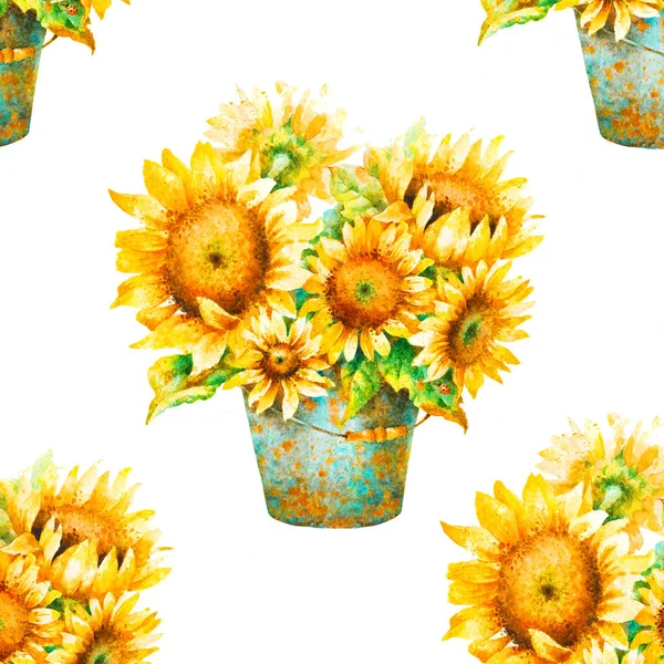 Akvarel slunečnice kytice, bezešvé vzor. — Stock fotografie