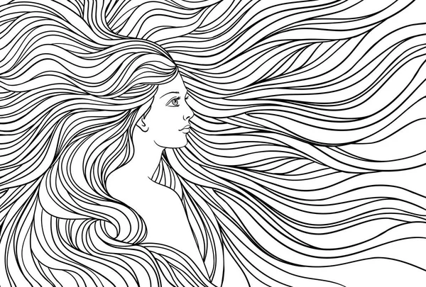 Menina com cabelo de streaming, desenho à mão ilustração de linho vetorial . —  Vetores de Stock