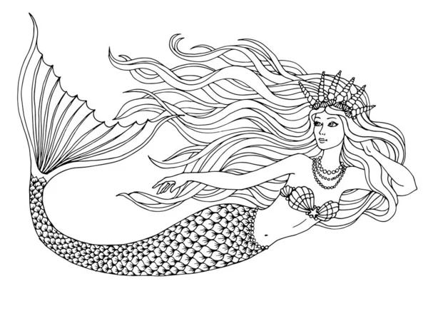 Mermaid undersea, hand drawn linen vector illustration — Stock Vector