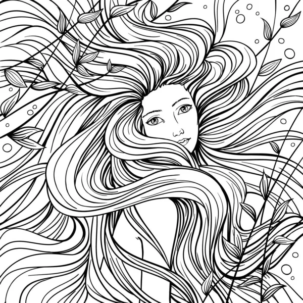 Dalgalı saçlı deniz kızı, keten elle çizilmiş vektör çizimi — Stok Vektör