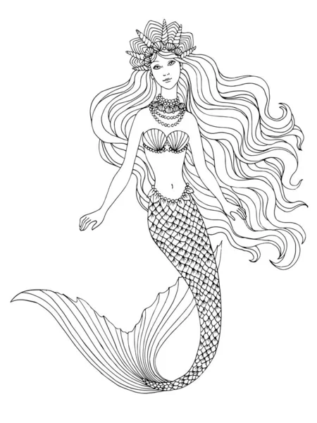Sirena submarina, ilustración de vectores de lino dibujado a mano — Archivo Imágenes Vectoriales