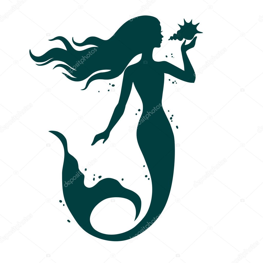 Mermaid with shell, hand drawn vector silhouette illustration isolated on white background.