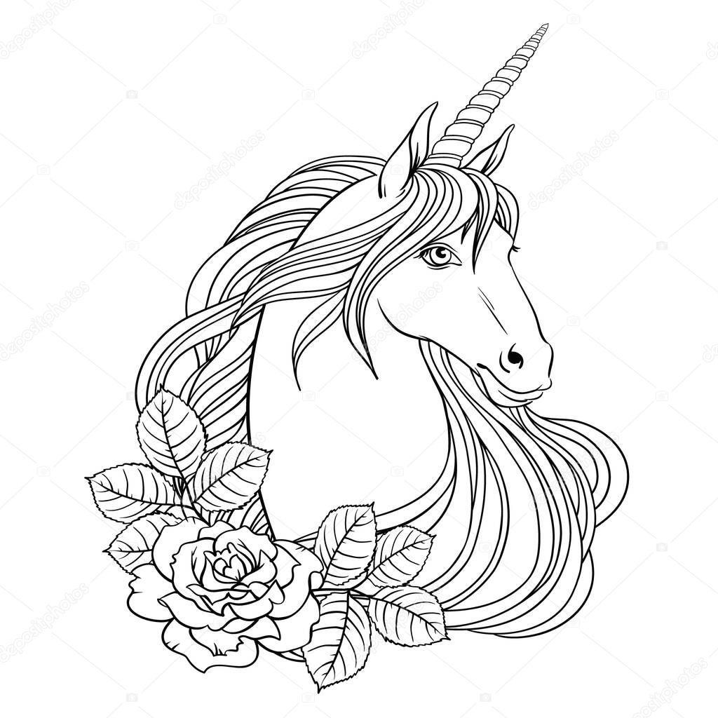 Unicorn and roses, hand drawn vector linen illustration